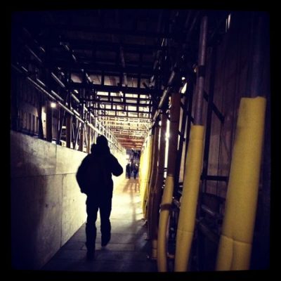 A walkway through scaffolding on South Bridge