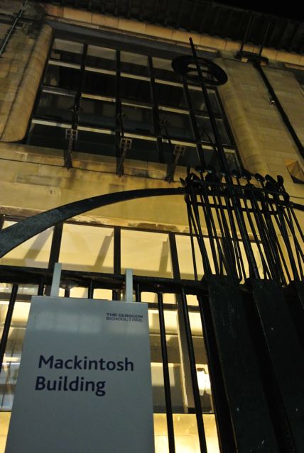 Entrance to Mackintosh Building at night taken before the fire