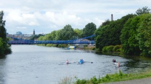 Looking towards St Andrews Bridge, with rowing boats in the foreground