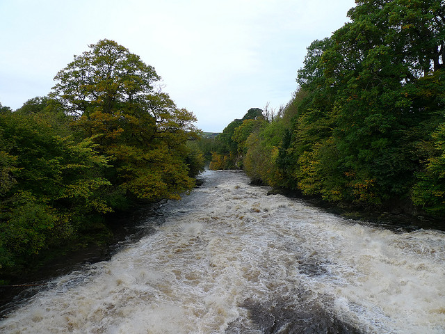The Clyde foaming and rushing through green wooded banks