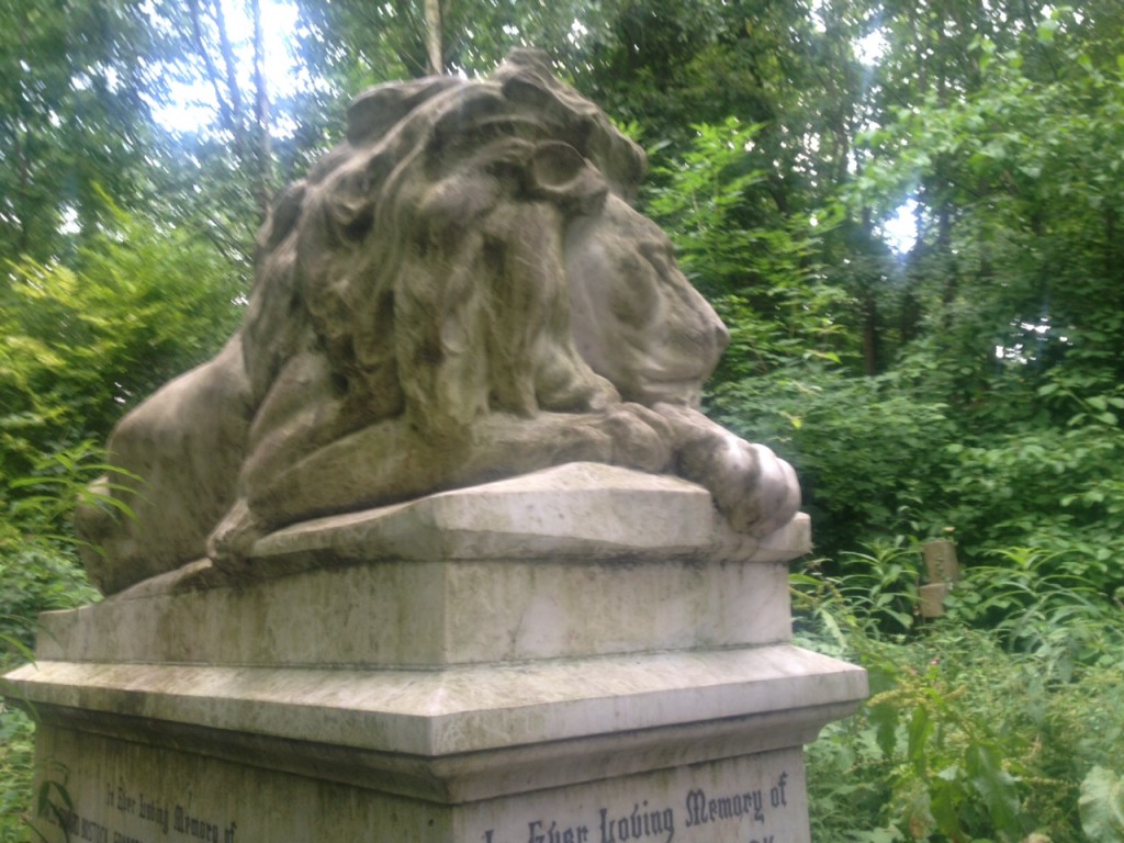 The stone lion reposing on a handsome stone plinth in Abney Park cemetery, graveyard safari