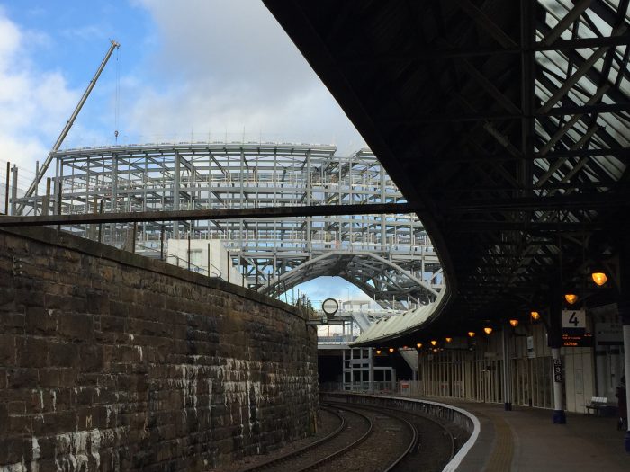 Culture symbol? Frame of new Dundee station under construction above Platform 4