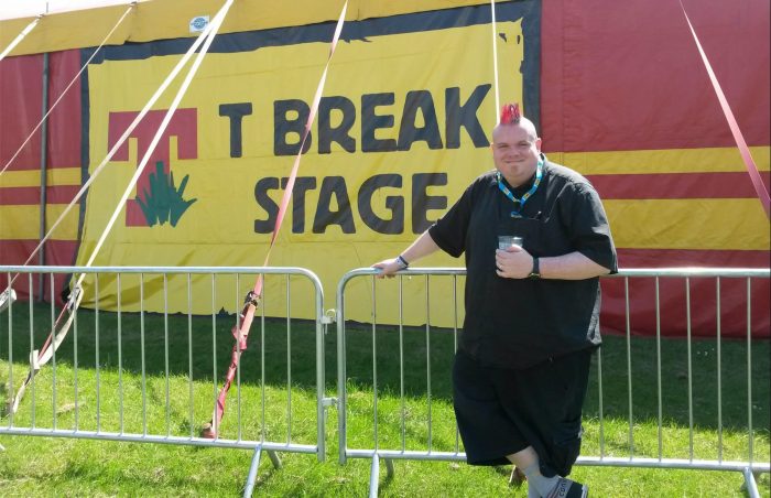 Jim Gellatly, beer can in hand at outside T Break stage