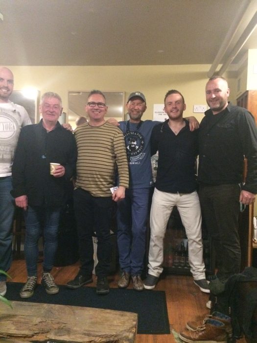 A line of smiling Saw Doctors: From left: Kieran Duddy, Davy Carton, Leo Moran, Anthony Thistlethwaite, Rickie O’Neill and Will Merrigan 