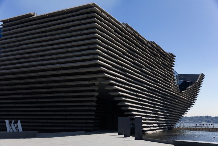 Inverted pyramid of layered concrete, Kengo Kuma's V&A Dundee, image Ronnie Macdonald CC By 2.0