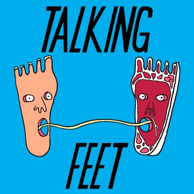 Talking Feet logo by Rae-Yen Song, two feet with wide-eyed, open mouthed faces