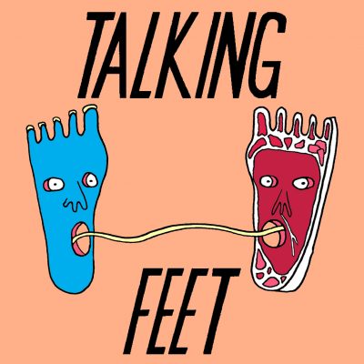Talking Feet logo, shows feet with expressively open eyed open mouthed faces